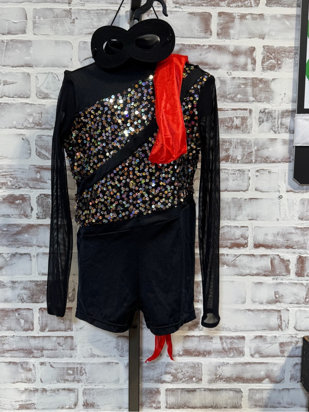 Weissman Black Sequin Dance Costume with Red head Scarf and mask